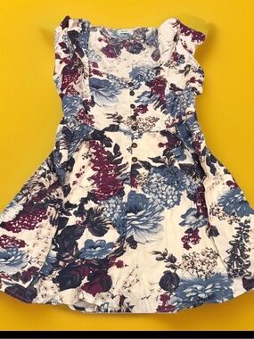 Kimchi Blue Floral A-Line Square Neck Lace-Up Dress Ivory Blue Burgundy S | 2Pc